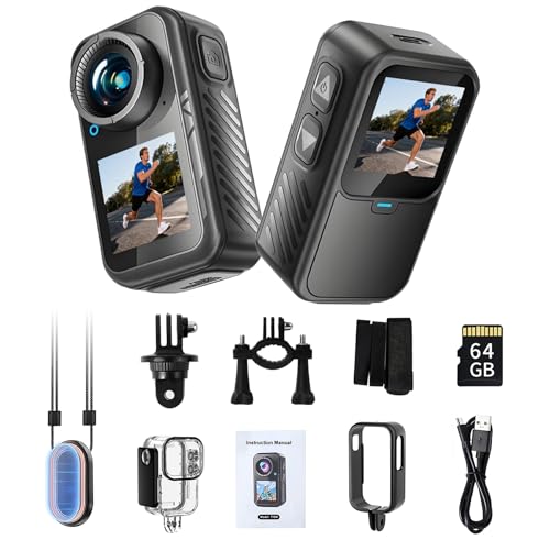 Mini Action Camera with Dual Screen | 4K Sports Camera, Magnetic Mount, 130° Wide Angle, Waterproof Case, Dual Touchscreen, Pre-Record, 64GB Memory Card Travel, Skiing, Outdoor Adventures