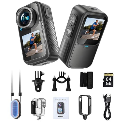 Mini Action Camera with Dual Screen | 4K Sports Camera, Magnetic Mount, 130° Wide Angle, Waterproof Case, Dual Touchscreen, Pre-Record, 64GB Memory Card Travel, Skiing, Outdoor Adventures