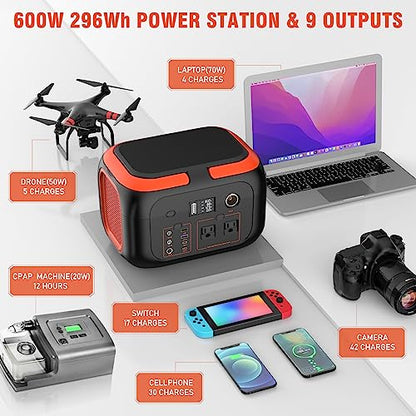SinKeu Portable Power Station 600W, 296Wh/80000mAh Backup Lithium Battery Pack Bank, 110V Pure Sine Wave AC Outlet Solar Generator for Camping Emergency RV Outdoor Hurricane Supplies - color: Red Black